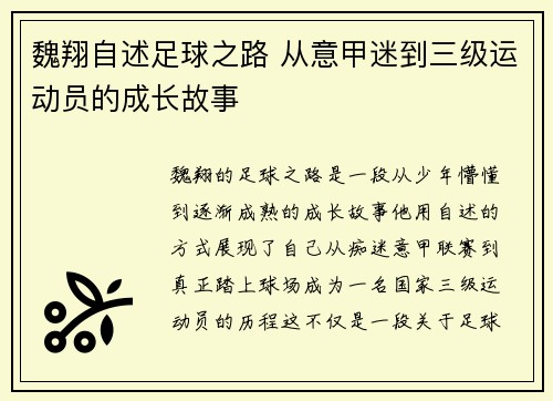 魏翔自述足球之路 从意甲迷到三级运动员的成长故事